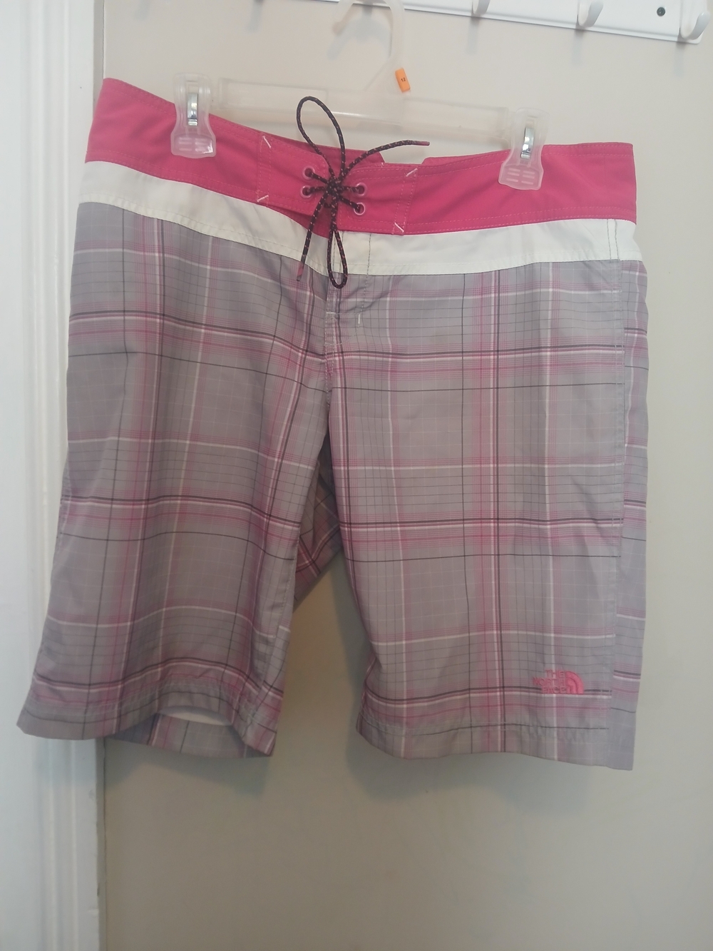 The North Face Pink and Gray Plaid Board Shorts